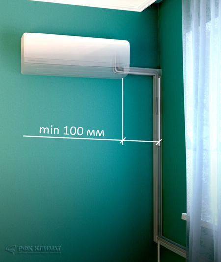 Внутренний блок сплит-системы расположен слева от внешней стены. Вариант 3.