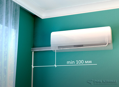 Внутренний блок сплит-системы расположен справа от внешней стены. Вариант 1.